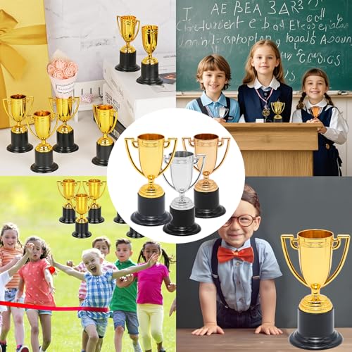 Mini Trophy Cups Set - 6 Pcs 4 Inch Plastic Awards in 3 Colors