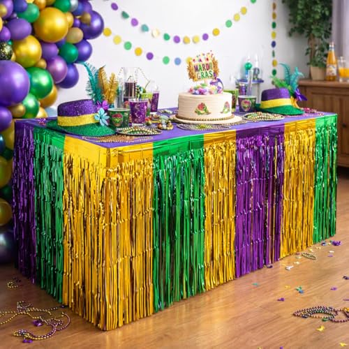 Mardi Gras Metallic Fringe Table Skirts - 2 Pack, 96 Inch