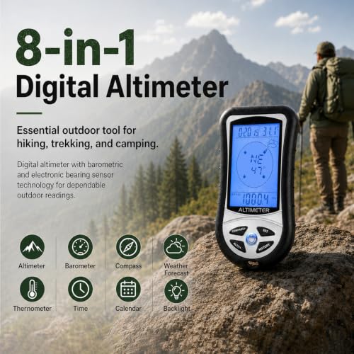 8-in-1 Altimeter, Compass & Barometer with Backlight for Hiking