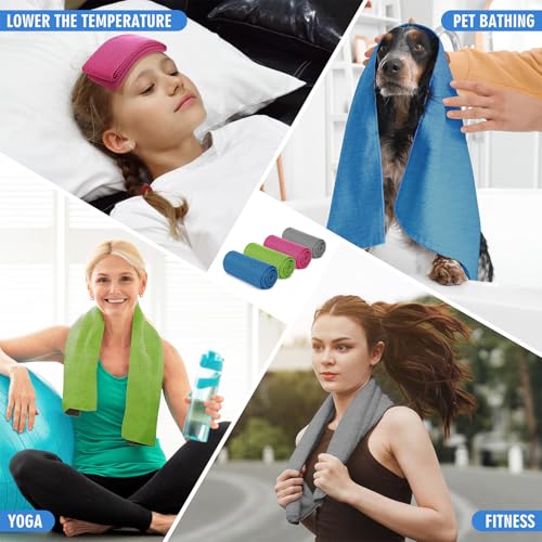 Cooling Towels for Neck and Face - 4 Pack Microfiber Set - Blue/Green/Pink/Gray