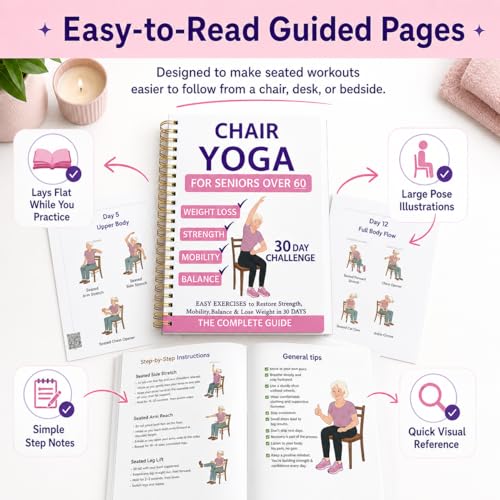 Chair Yoga for Seniors Over 60 - 30-Day Challenge Guide & Chart - Pink