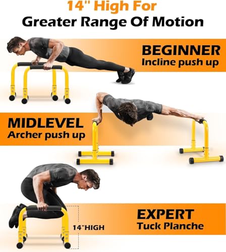 TABEKE 14'' Push Up Bar Parallettes with Full Foam Handle, Heavy-Duty Steel Dip Bar (Yellow)