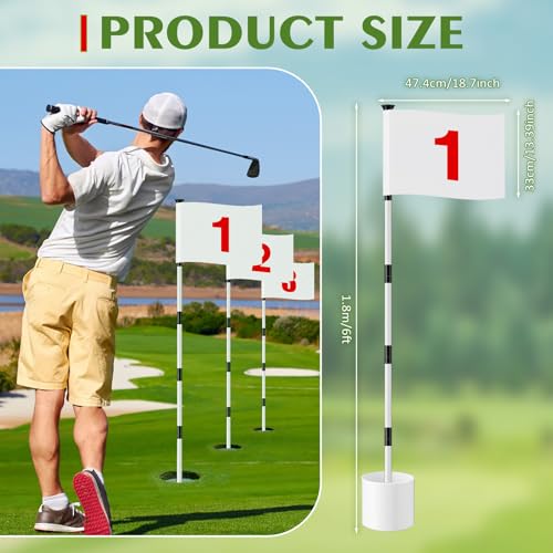 Burbell White 6ft Golf Flag Stick Set with 3 Nylon Flags and Hole Cups - Backyard Practice Accessories