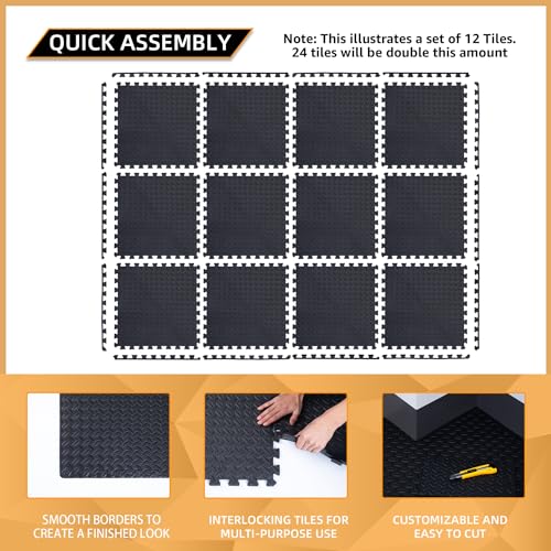 Extra Thick 24" x 24" Foam Floor Tiles - 12 Pack, Black