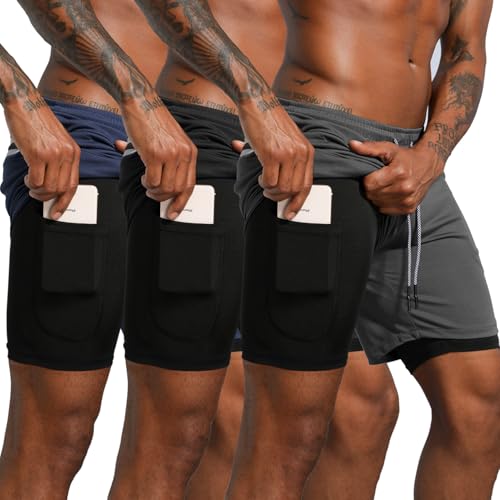 Leidowei Men's 2-in-1 Workout Shorts 7" Length with Zipper Pockets, 3-Pack, Medium, Black/Dark Grey/Dark Blue