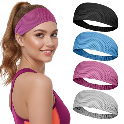 Cooling Headbands for Women - Non-Slip Moisture-Wicking Sweatbands - 4-Pack Blue