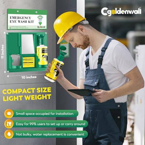 CGOLDENWALL Newly Released Portable Eye Wash Station OSHA Approved Emergency Eye Wash Kit Wall Mounted, Upgraded Bottle Holder&Larger Mirror, 16.9oz Bottles, NO Solution (Green Cap)