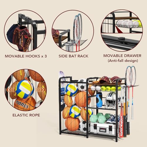 Large Capacity Garage Sports Equipment Organizer with Hooks & Baskets
