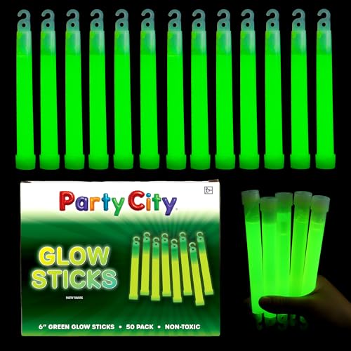 Party City Green Glow Sticks Bulk Pack 6¡±- 50pk Glow in the Dark Sticks for Kids, Waterproof Camping Survival Ultra Bright Emergency Light Stick with String, Neon Glowsticks Party Supplies Favors