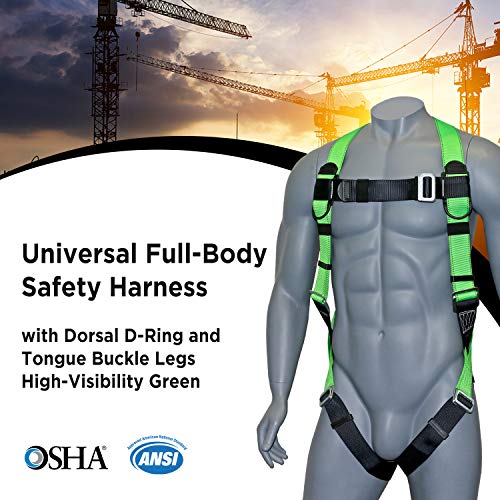 AFP Universal Full-Body Fall Protection Safety Harness with Dorsal D-Ring and Mating Buckle Legs | Roofer, Construction, Scaffolding PPE | High-Visibility Green [OSHA/ANSI Compliant]