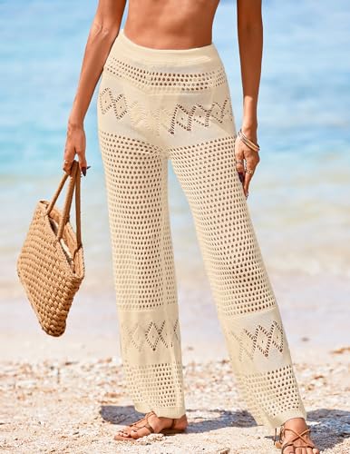 Womens Crochet Swimsuit Coverup Pants - Striped A-apricot Large