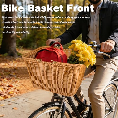 RainFlowwer Large Woven Bike Basket Front for Adult Bike - Red Brown