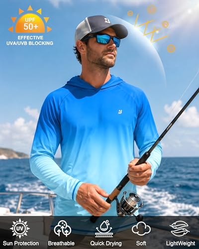 Roadbox Men's Fishing Sun Hoodie Blue Green Gradient Large UPF 50+ UV Protection Shirt