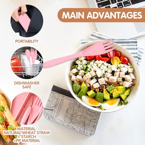 Reusable Travel Utensil Set with Case - Lightweight Plastic - Pink