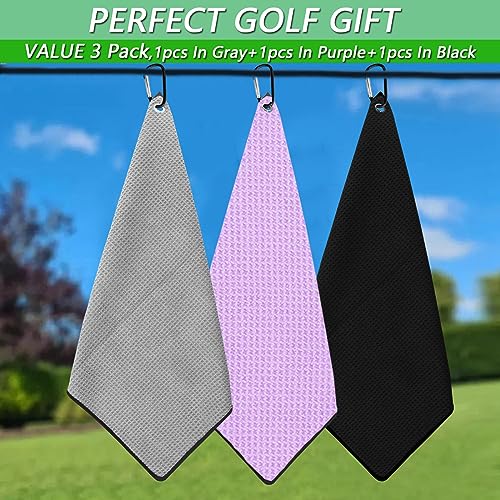 Golf Towel Set with Clip - 3 Pack in Black, Gray & Purple