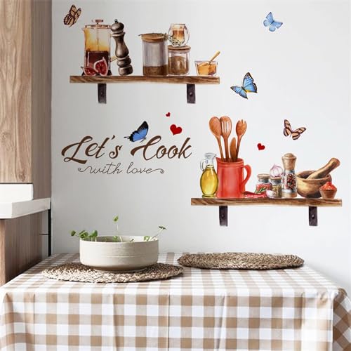 Bowl Kitchenware Spice Jar Shelf Butterfly Wall Stickers, sacinora Let¡¯s Cook with Love Wall Decals Removable Vinyl Peel and Stick for Kitchen Dining Restaurant Baking Room Bar Home Decor
