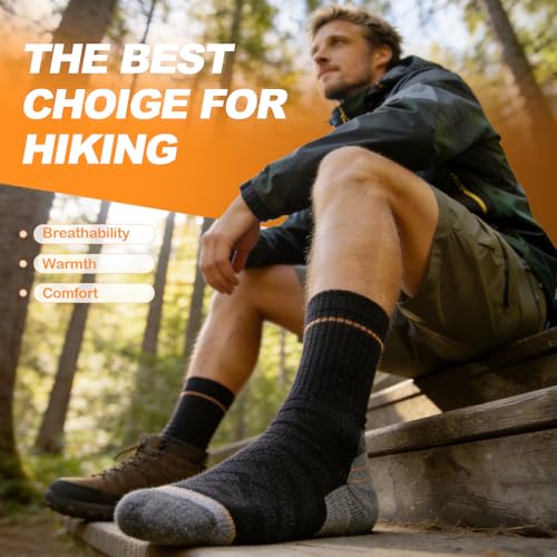 Merino Wool Hiking Socks - Lightweight Breathable Cushioned Crew Socks - Medium / Black & Grey