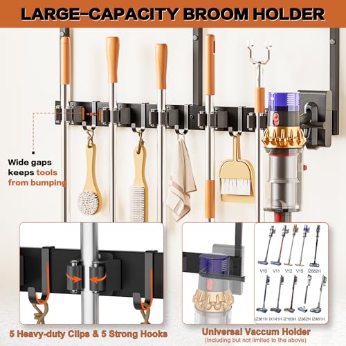 Broom Holder Wall Mount with Cleaning Supplies Organizer, Laundry Room Organization and Storage Shelves with Mop Hanger Rack Gripper Hooks, Utility Shelf Closet Organizer for Home Garage Kitchen