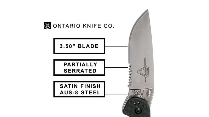 Ontario Knife Company Company 8849 Rat-1 Satin AUS-8 Stainless Steel 3.50" Serrated Edge Blade Black Nylon Handle 4-Position Reversible Clip Folding Knife for Outdoor, Tactical, Survival & EDC (Black)