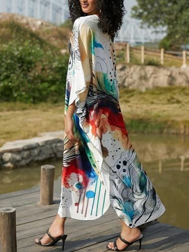 Women's V Neck Kaftan Beach Cover Up Dress - A13 Abstract Pattern