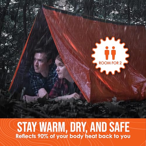 Go Time Gear 2 Pack Survival Mylar Tent - Orange Emergency Shelter with Paracord & Whistle