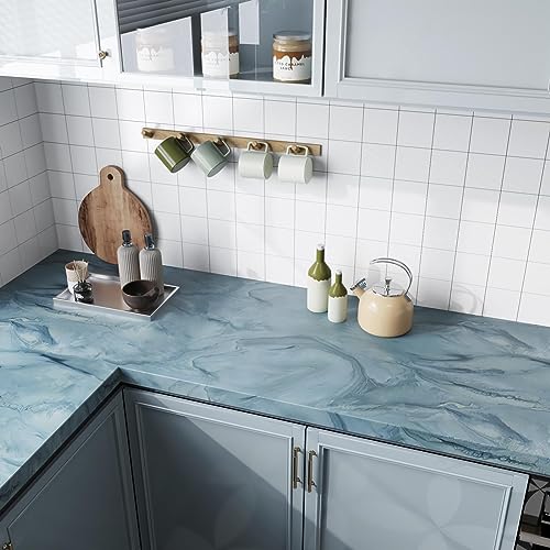CRE8TIVE Teal Liquid Marble Contact Paper for Countertops Waterproof Matte Marble Wallpaper Peel and Stick Self Adhesive Removable Kitchen Wallpaper for Countertops Tables Bathroom Cabinets 12"x80"