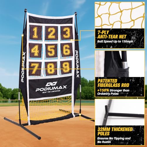 PodiuMax Yellow Baseball Pitching Net with 9 Hit Zones, 5 Height Adjustments – Solo Backyard Trainer