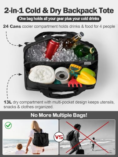 Odoland 2-in-1 Beach Cooler Bag 24 Can + 13L Dry Storage, Black, 26L Capacity
