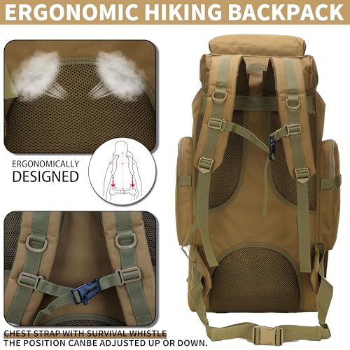 70L Khaki Hiking Backpack with Molle System, 3-Day Assault Pack for Men