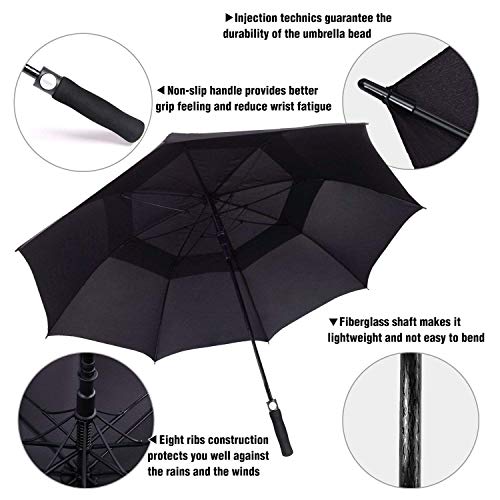 Windproof Golf Umbrella - 62 Inch Double Canopy - Black