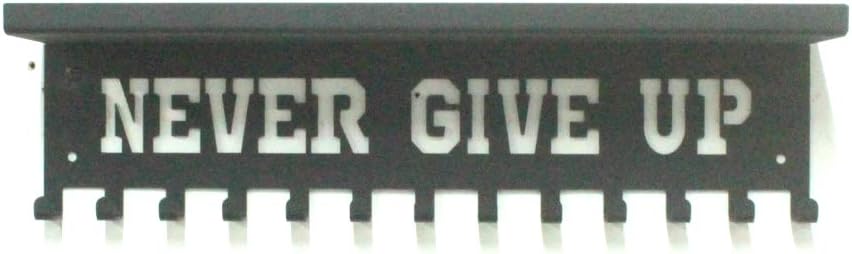Never Give Up Medal Hanger | Trophy Display Shelf with Hooks - Easy Install Wall Rack (Black)