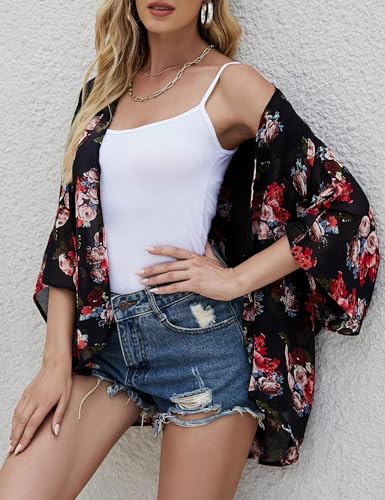 Floral Beach Cover Up Kimono Cardigan - Black, X-Large