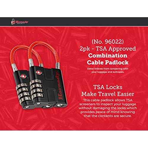 Hornady TSA Approved Cable PadLocks 2pk, 96022 - All Metal 4 Digit Combination Locks with a Flexible Wire Shackle, Inspection Indicator, & Easy to Read Dials -TSA Locks for Luggage, Backpack, Gun Case