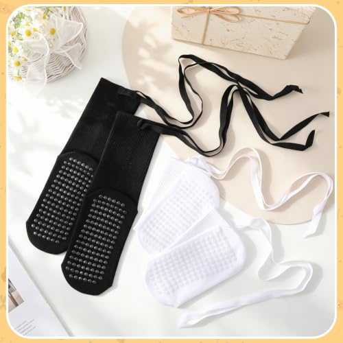 Non-Slip Pilates Socks with Cross Straps for Women - White & Black, 2 Pack