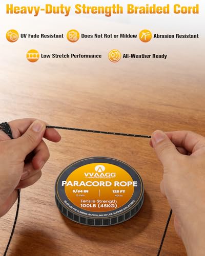 2mm Reflective Paracord Rope - Black, 125FT - Nylon Micro Cord