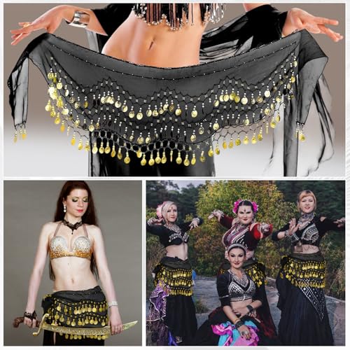 Belly Dance Hip Scarf - Black Chiffon with Gold Coins