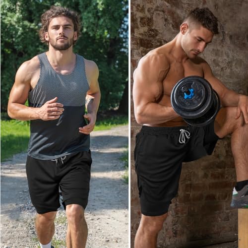 Men's 2 in 1 Running Shorts - Quick Dry Athletic Shorts with Zip Pockets & Towel Loop - Black, Medium