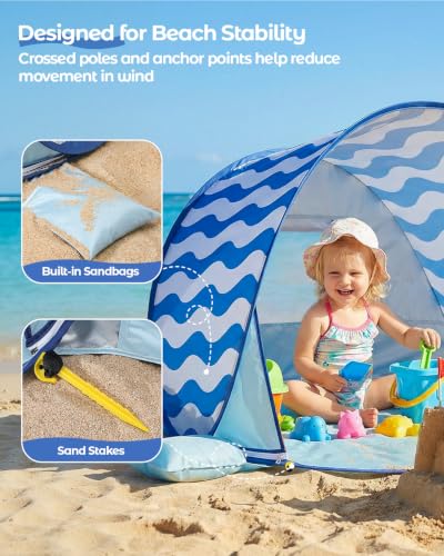 Pop Up Baby Beach Tent - Blue Wave Stripes Portable Toddler Sun Shade with UPF 50+