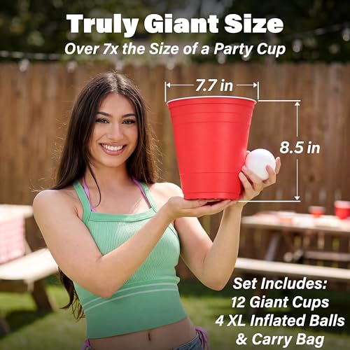 Giant Yard Pong Game Set - 12 Durable Cups & 4 Balls
