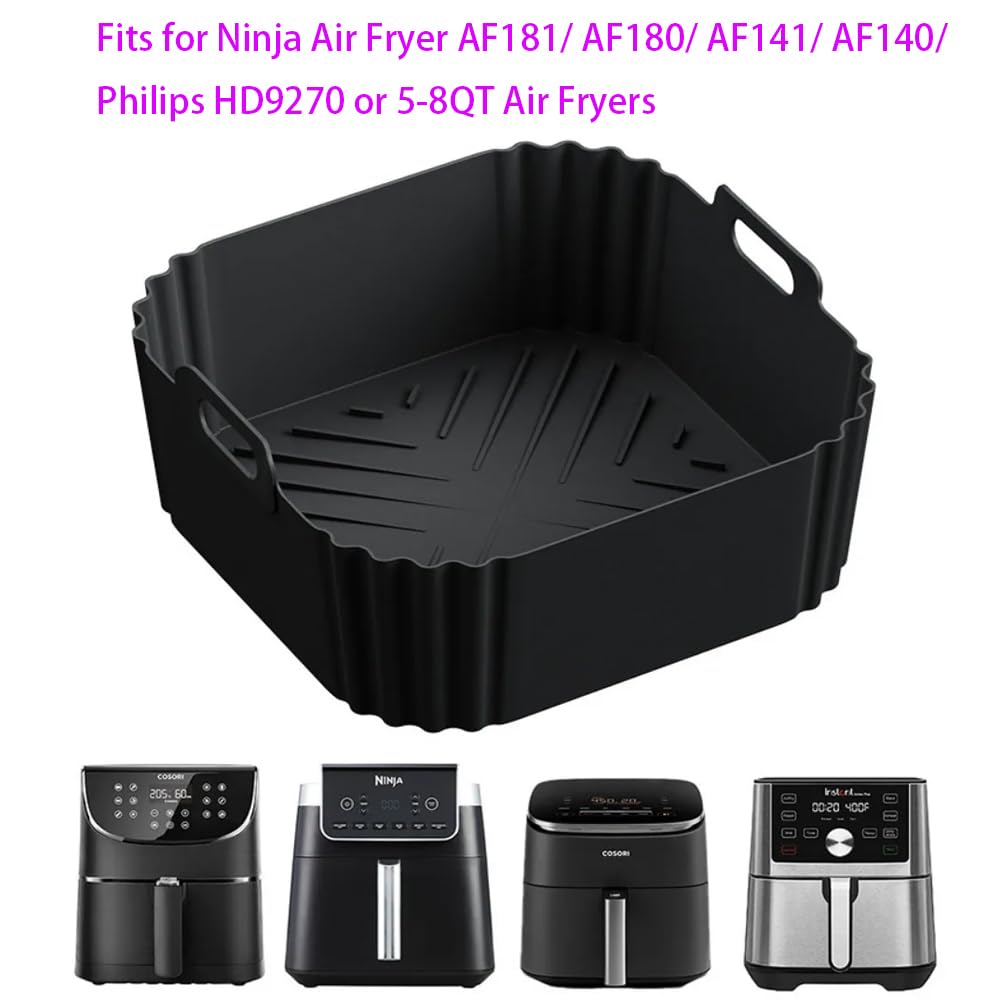 AF140 UK Silicone Air Fryer Liners for Ninja Air Fryer AF180 AF181, for COSORI 5.5 6L, 2pcs Reusable Airfryer AF141 UK Silicone Trays for Philips HD9270, 9 Inch Square Non-Stick Air Fryer Acc