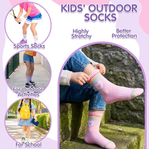 Girls Athletic Crew Socks - 6 Pairs for 9-15 Years, Colorful Set