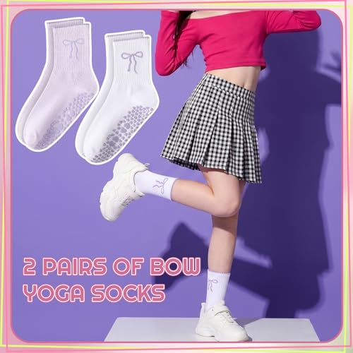Pilates Grip Socks for Women - Cute Ruffle Design - Purple & White