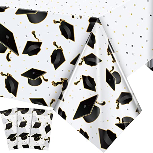 Graduation Party Tablecloth Set - 3 Pcs Black & White, 54 x 108 Inch
