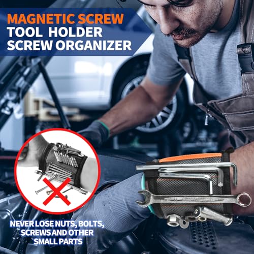 2PCS Magnetic Wristband for Screws, Gifts for Men and Women, Wrist Magnet Screw Holder with 15 Extra Strong Magnets and Two Pockets for Non-Magnetic Items, Helpful Father Gift with Gift Box