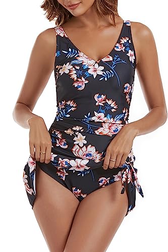 Aidonger Women's Black Floral Print Tummy Control V-Neck One-Piece Swimsuit Small