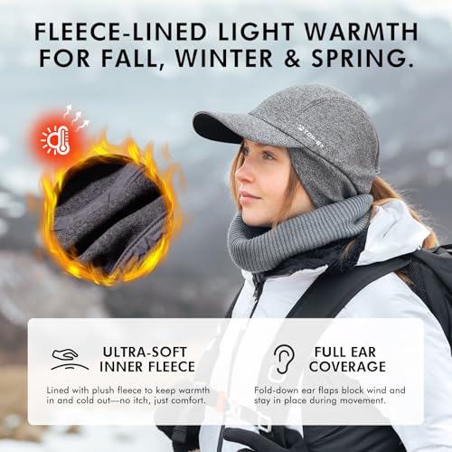 Women's Water-Repellent Winter Ponytail Baseball Cap with Fleece Ear Flaps - Medium-Large, Black | TOP-EX