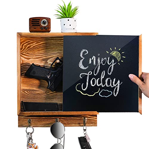 Hidden Gun Storage, Hidden Wall Gun Safe Pistol Rack Shelf with 3 Hooks for Secret Decor Concealment Furniture, Art Storage Cabinet Wooden Storage Shelves Indoor Picture Frame