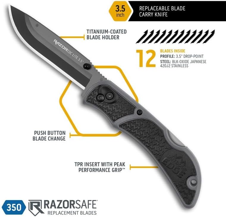 RazorLite EDC Pocket Knife 3.5” - Obsidian Black, Replaceable Blades & Clip for Camping, Hunting, Survival