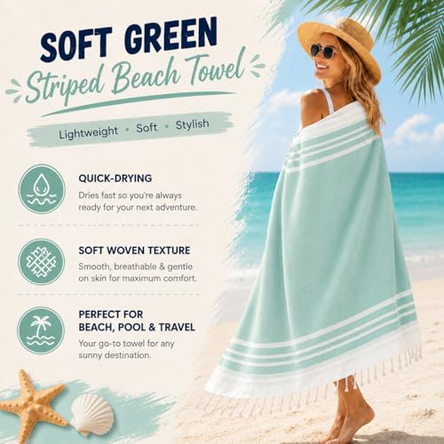 Aqua Turkish Oversized Beach Towel 35x72 Inch - Quick Dry Sand-Free Travel & Pool Accessory