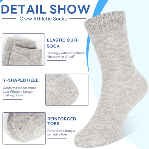 Toddler Crew Socks - 20 Pairs for Ages 4-7, Black/White/Gray